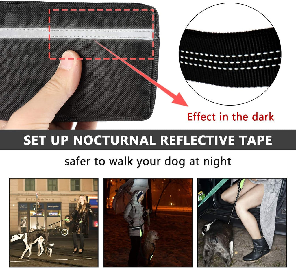 Hands Free Dog Leash, Suitable for Running Walking Jogging Hiking, Training for Small Medium and Large Dogs, Adjustable Waist Belt, Dual-Handle Reflective Bungee, Zipper Pouch. (Black W Green)