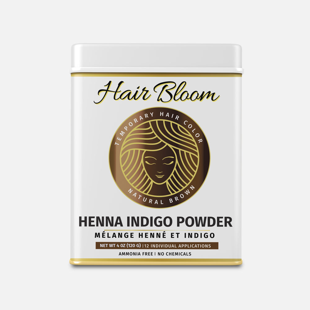 Color de cabello natural castaño - Polvo de color de cabello herbal Henna e Indigo de Hair Bloom - 12 sachets individuales (10 gm cada uno) - Incluye brocha y bandeja reutilizables