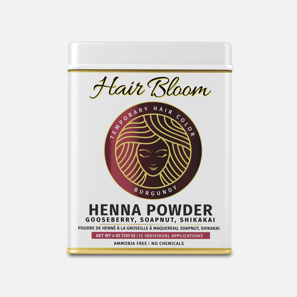 Color de Cabello Burdeos Natural Hair Bloom - Polvo de Henna Herbal Burdeos - 12 Sachets Individuales (10 gm c/u) - Incluye Brocha y Bandeja Reutilizables