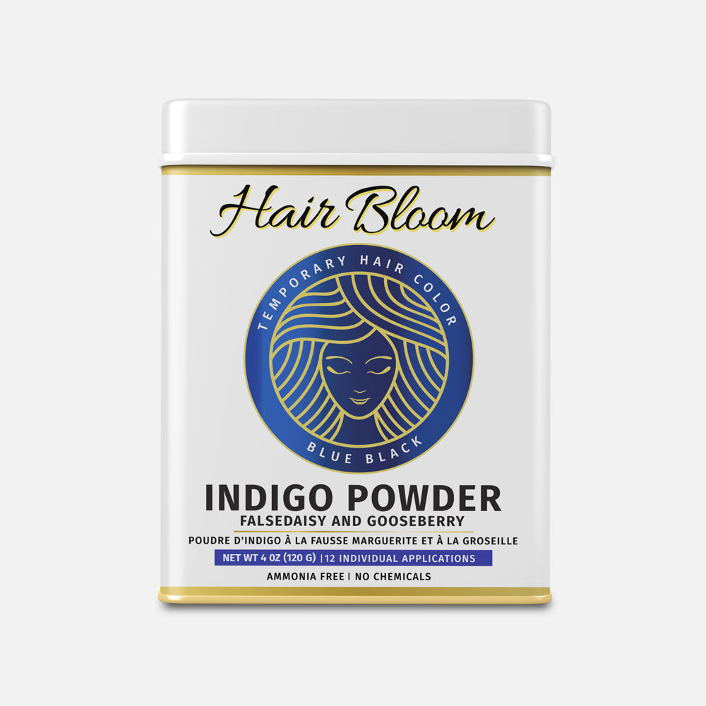 Color de Cabello Natural Azul Negro - Hair Bloom Indigo Herbal con Flor de Falsa Margarita y Polvo de Grosella - 12 Sachets Individuales (10 g cada uno) con Brocha y Bandeja Reutilizables Incluidas