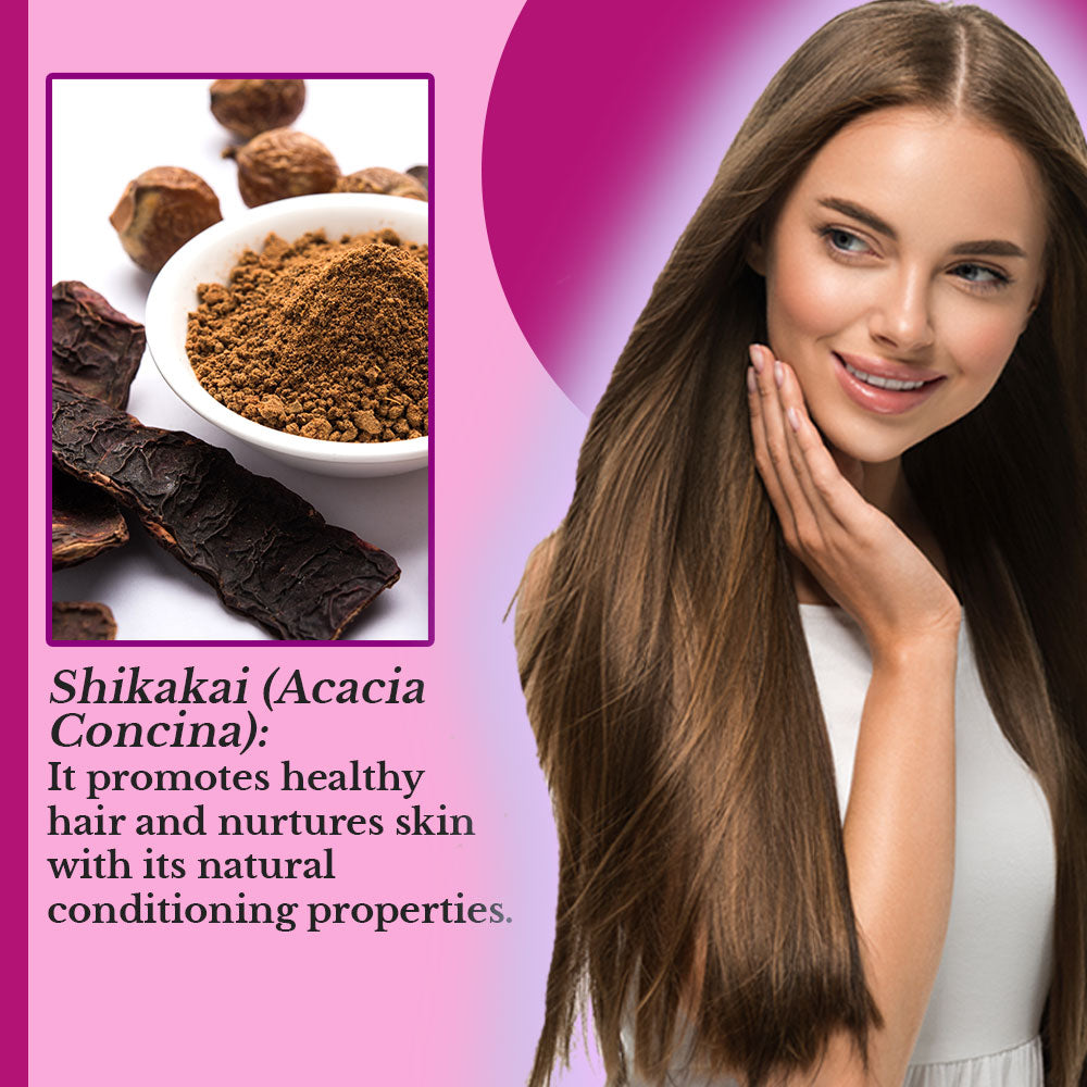 Polvo acondicionador natural de shikakai Hair Bliss - Acacia Herbal para cabello y piel - 12 Sachets individuales (10 gm cada uno) - Incluye cepillo y bandeja reutilizables