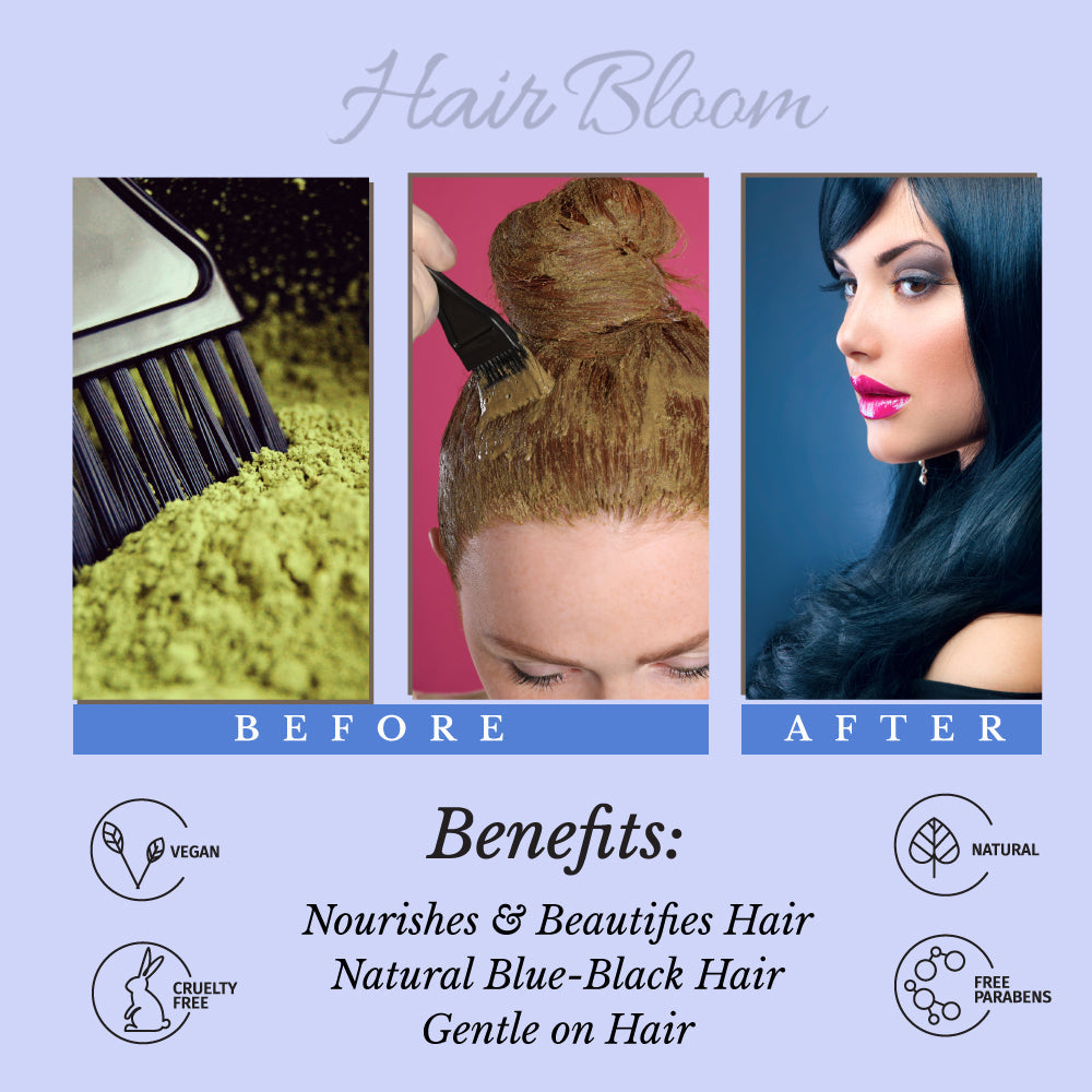 Color de Cabello Natural Azul Negro - Hair Bloom Indigo Herbal con Flor de Falsa Margarita y Polvo de Grosella - 12 Sachets Individuales (10 g cada uno) con Brocha y Bandeja Reutilizables Incluidas