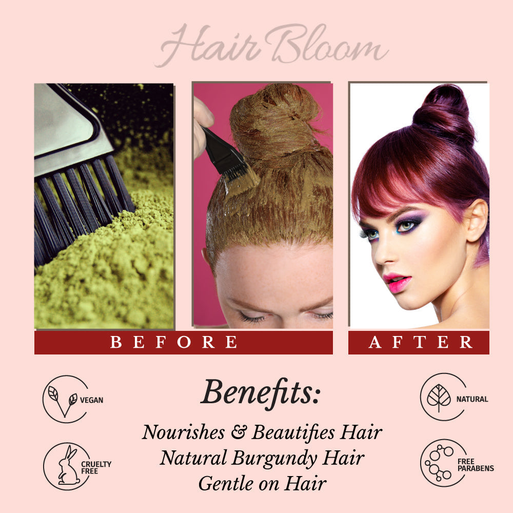 Color de Cabello Burdeos Natural Hair Bloom - Polvo de Henna Herbal Burdeos - 12 Sachets Individuales (10 gm c/u) - Incluye Brocha y Bandeja Reutilizables