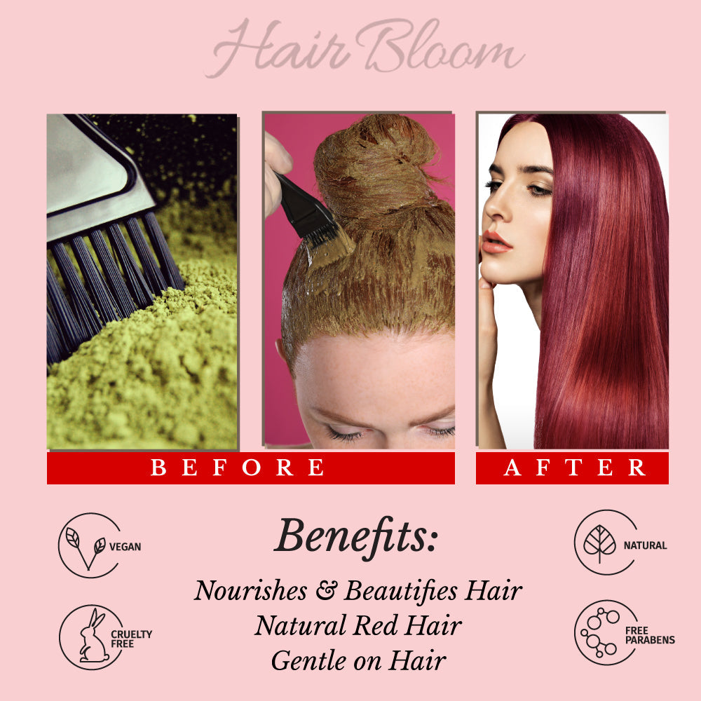 Color de Cabello Natural Henna Hair Bloom - Polvo de Color para Cabello con Hierbas Himalayas - 12 Sachets Individuales (10 gm cada uno) - Incluye Brocha y Bandeja Reutilizables
