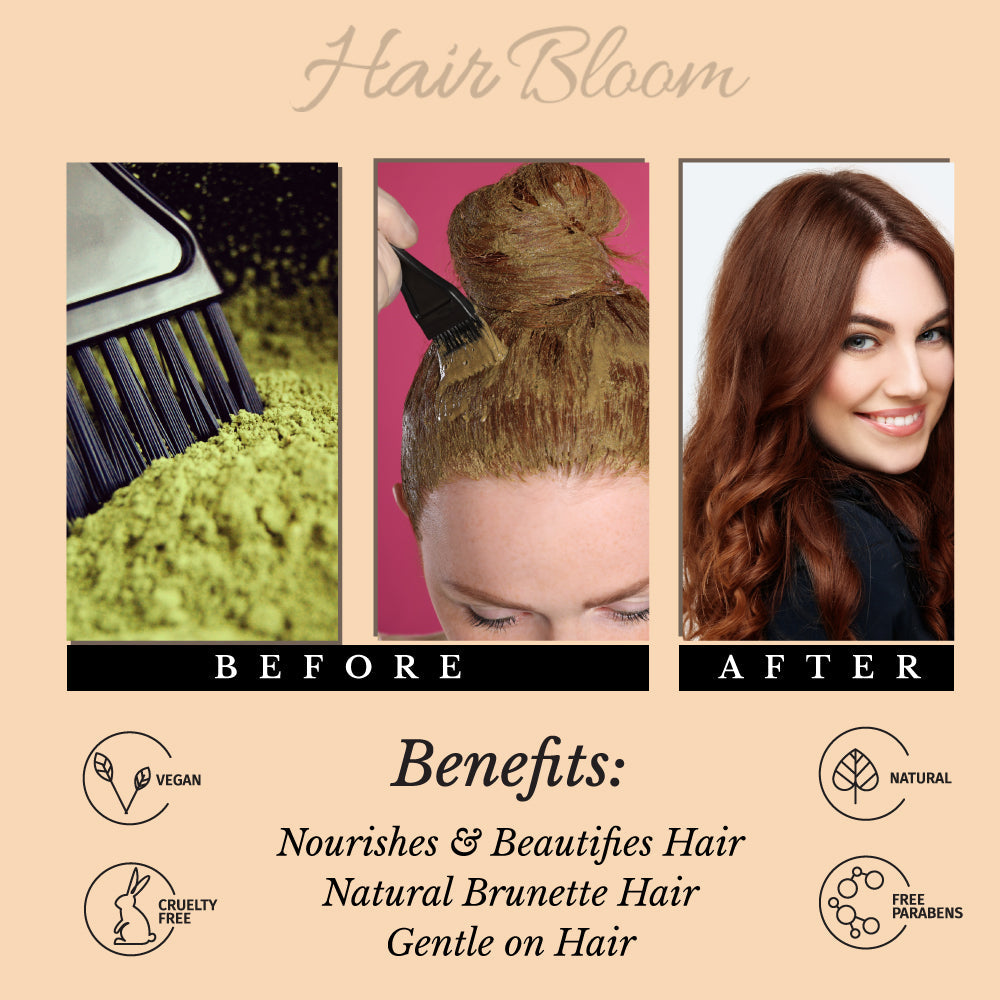 Color de cabello natural castaño - Polvo de color de cabello herbal Henna e Indigo de Hair Bloom - 12 sachets individuales (10 gm cada uno) - Incluye brocha y bandeja reutilizables