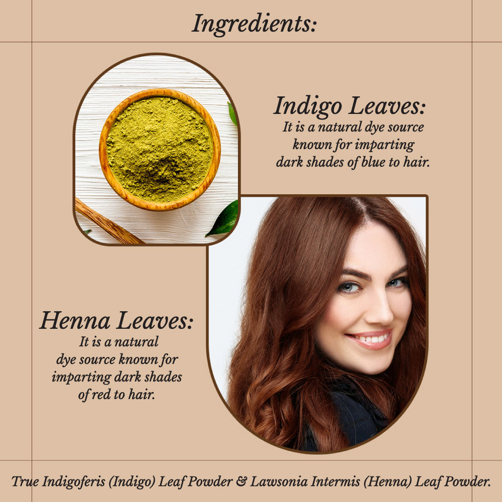 Color de cabello natural castaño - Polvo de color de cabello herbal Henna e Indigo de Hair Bloom - 12 sachets individuales (10 gm cada uno) - Incluye brocha y bandeja reutilizables