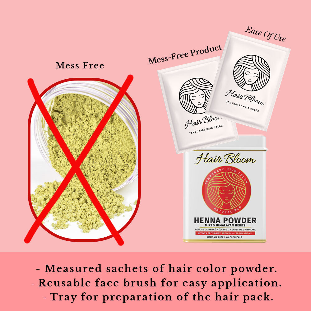 Color de Cabello Natural Henna Hair Bloom - Polvo de Color para Cabello con Hierbas Himalayas - 12 Sachets Individuales (10 gm cada uno) - Incluye Brocha y Bandeja Reutilizables