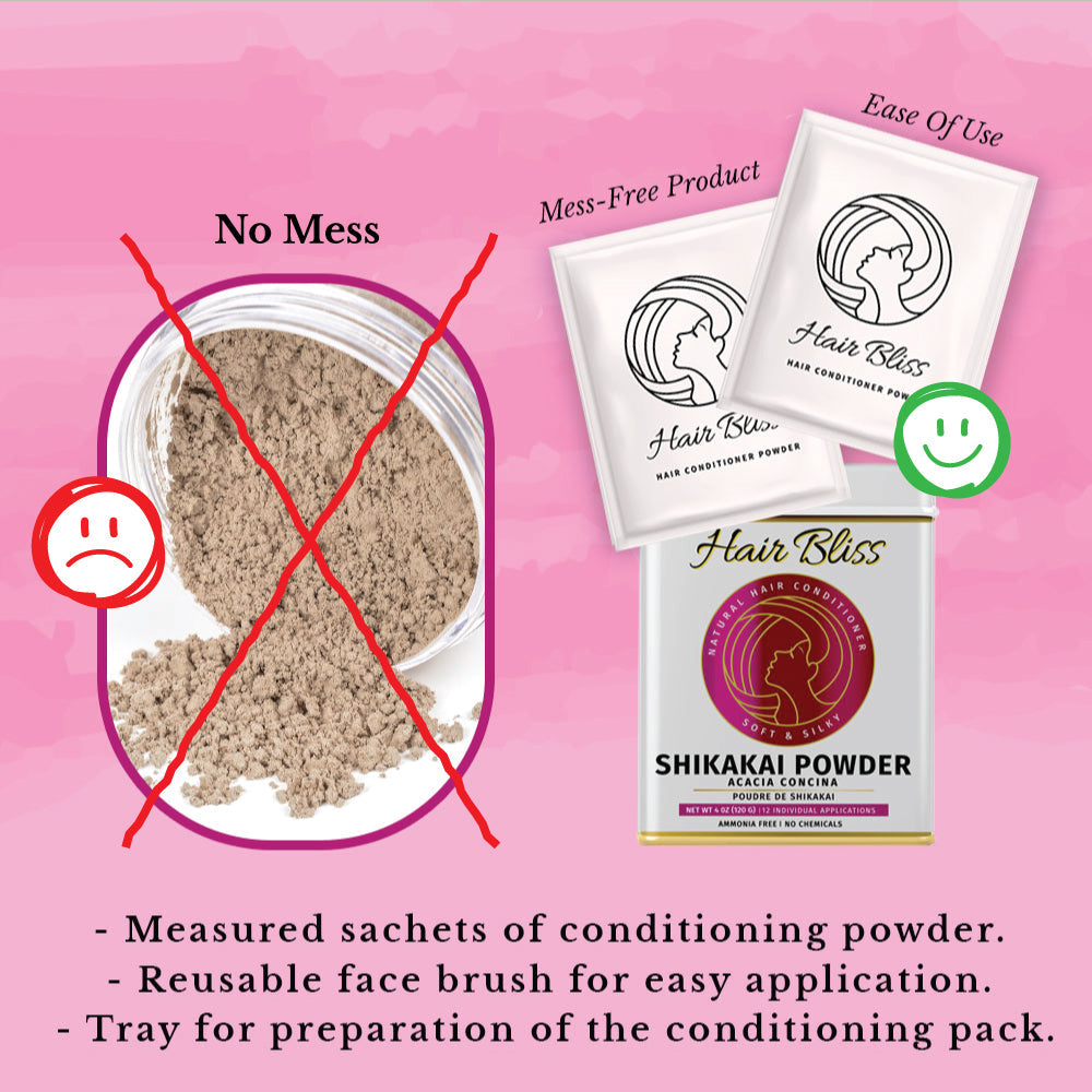 Polvo acondicionador natural de shikakai Hair Bliss - Acacia Herbal para cabello y piel - 12 Sachets individuales (10 gm cada uno) - Incluye cepillo y bandeja reutilizables
