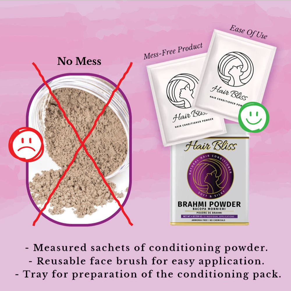 Polvo herbal de Brahmi Bacopa - Hair Bliss, acondicionador natural para cabello y piel, 12 sachets individuales (10 gm cada uno) con brocha y bandeja reutilizables incluidas