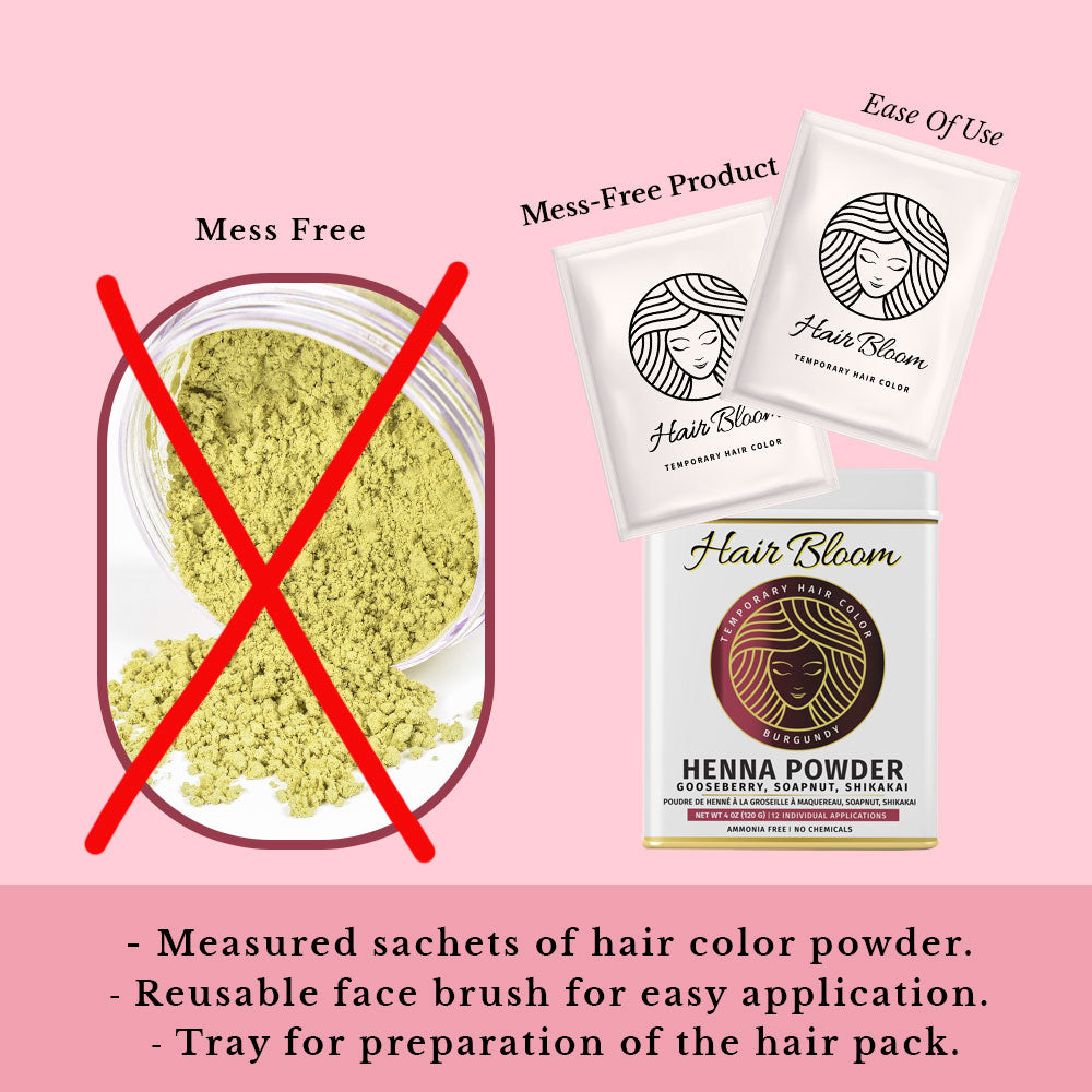 Color de Cabello Burdeos Natural Hair Bloom - Polvo de Henna Herbal Burdeos - 12 Sachets Individuales (10 gm c/u) - Incluye Brocha y Bandeja Reutilizables
