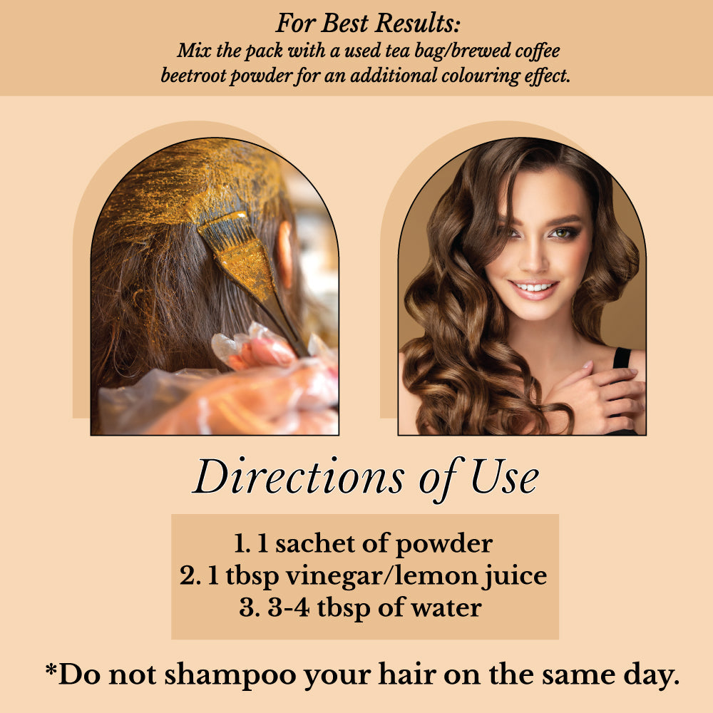Color de cabello natural castaño - Polvo de color de cabello herbal Henna e Indigo de Hair Bloom - 12 sachets individuales (10 gm cada uno) - Incluye brocha y bandeja reutilizables