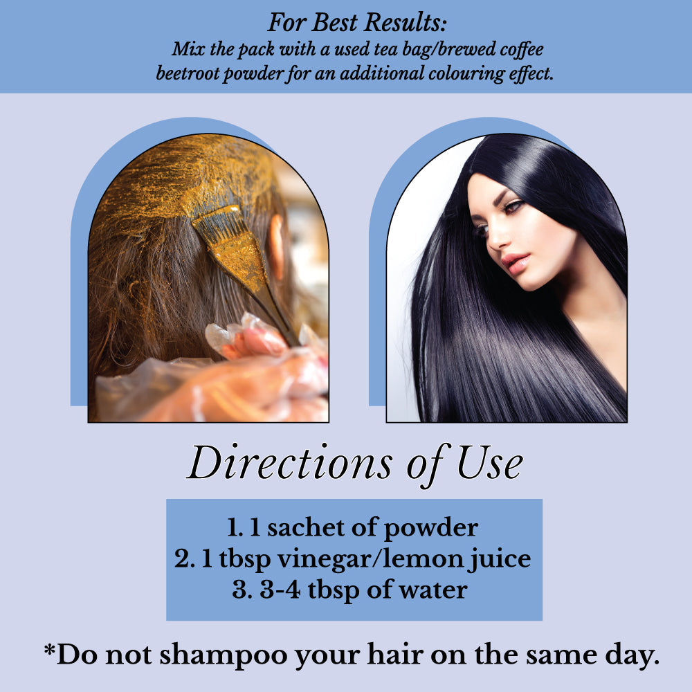 Color de Cabello Natural Azul Negro - Hair Bloom Indigo Herbal con Flor de Falsa Margarita y Polvo de Grosella - 12 Sachets Individuales (10 g cada uno) con Brocha y Bandeja Reutilizables Incluidas
