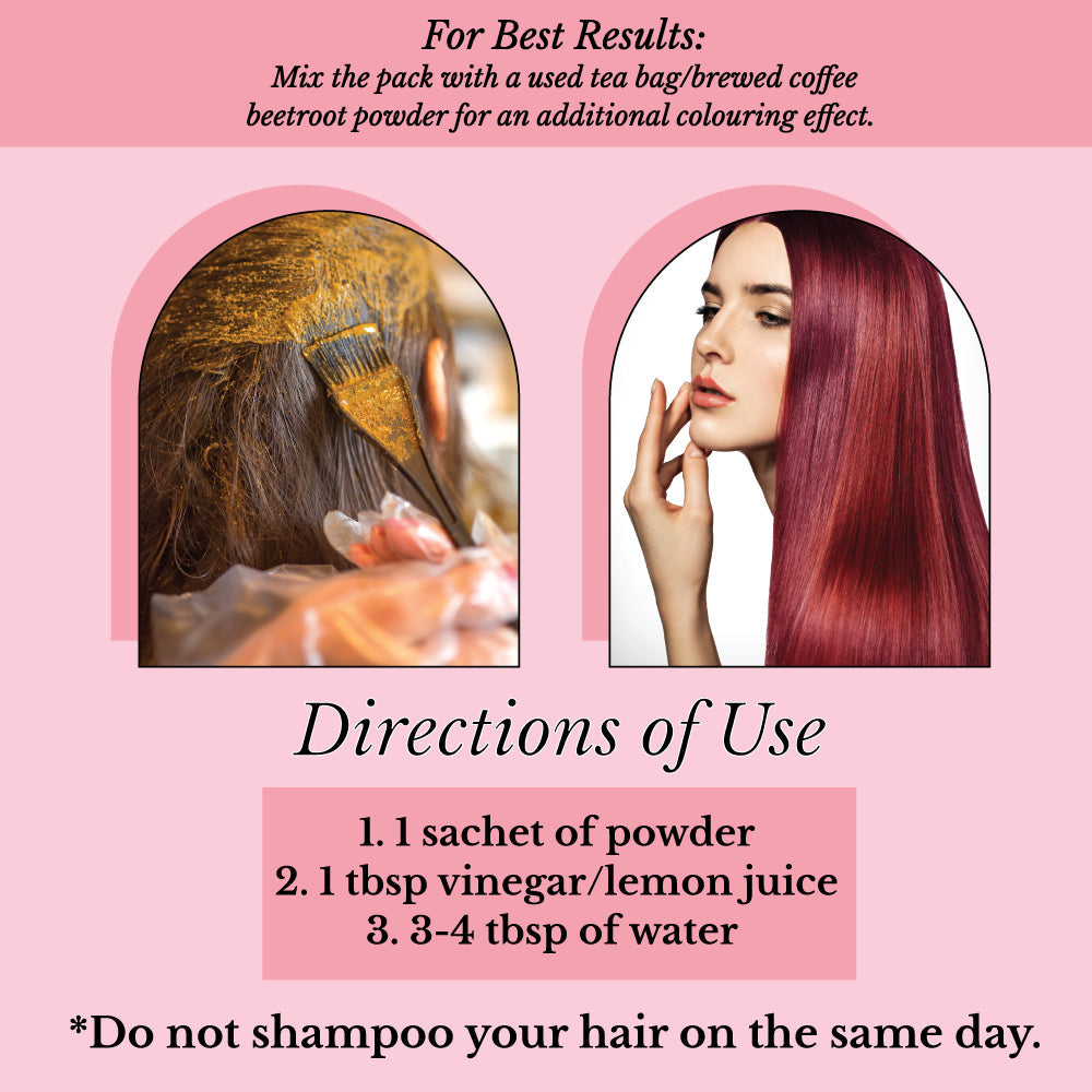 Color de Cabello Burdeos Natural Hair Bloom - Polvo de Henna Herbal Burdeos - 12 Sachets Individuales (10 gm c/u) - Incluye Brocha y Bandeja Reutilizables